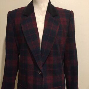 Sag Harbor Petite Tartan Plaid Blazer Jacket , SZ 8, Black Velvet Collar